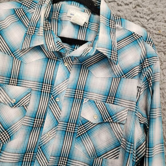 Wrangler Shirt Mens Medium Wrancher Blue Plaid Long Sleeve Pearl Snap Western - Picture 2 of 8